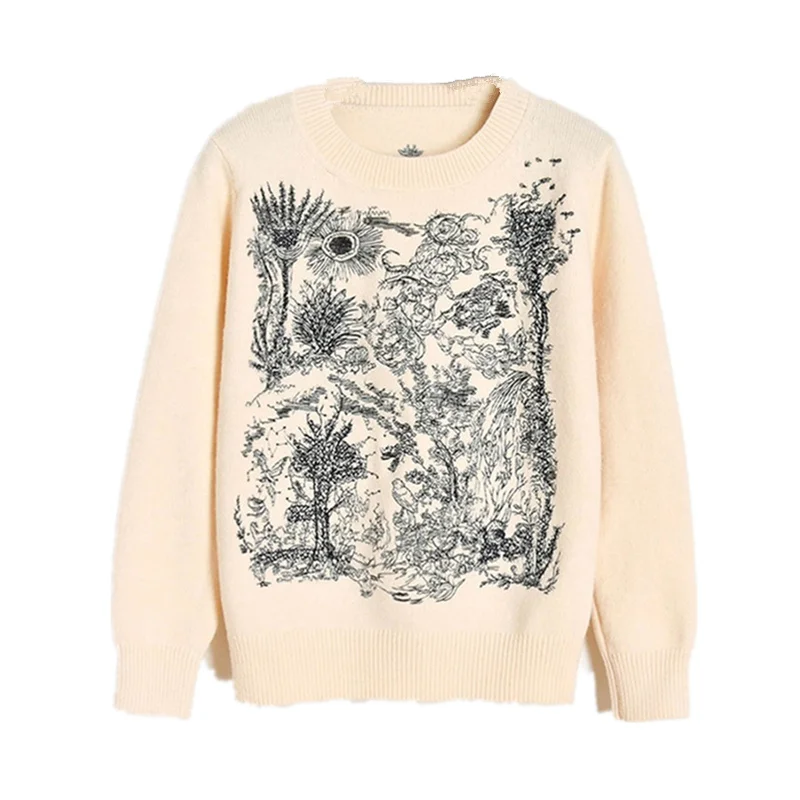 

Runway WOmen's Pullover Sweater 2020 WInter Forest Embroidery Wool Blend Warm Knitted Top Knitwear Casual Ladies Jumper