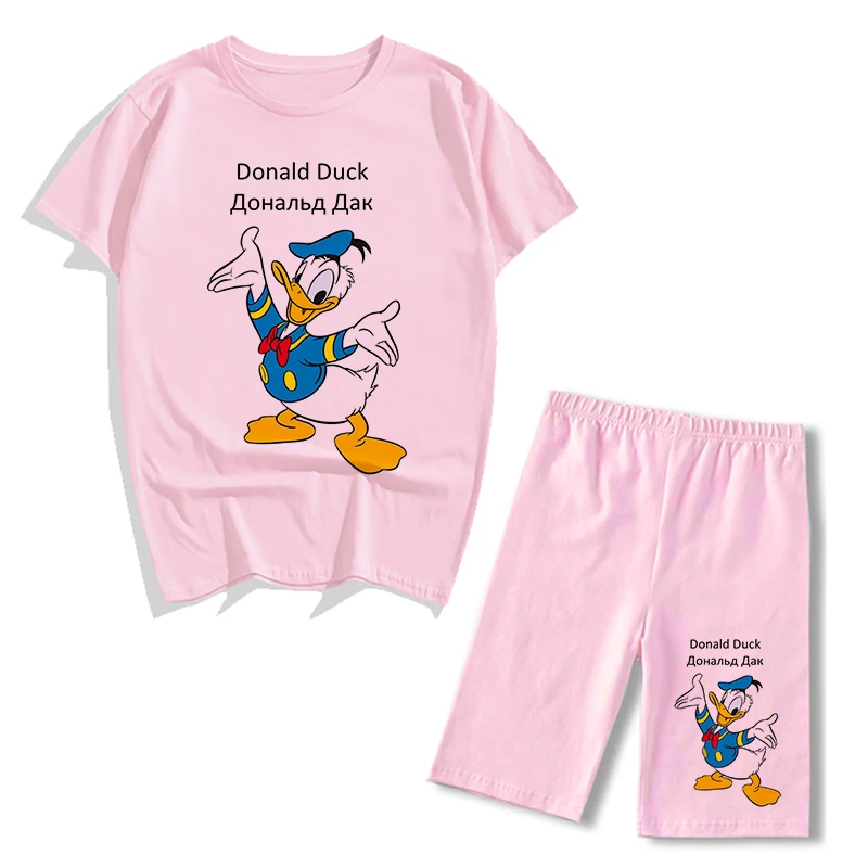 Disney Donald Duck Cartoon Print Fashion Women Two Piece Set Short Sleeve T-shirt+sports Shorts Summer Casual Tracksuits Clothes plus size jogger set