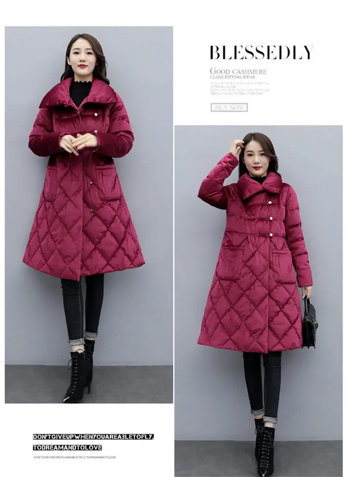 Gold Velvet Cotton Padded Coats Women Winter New Vintage Jacket Slim Long Elegant A-line Warm Down Cotton Parka Mujer f2211