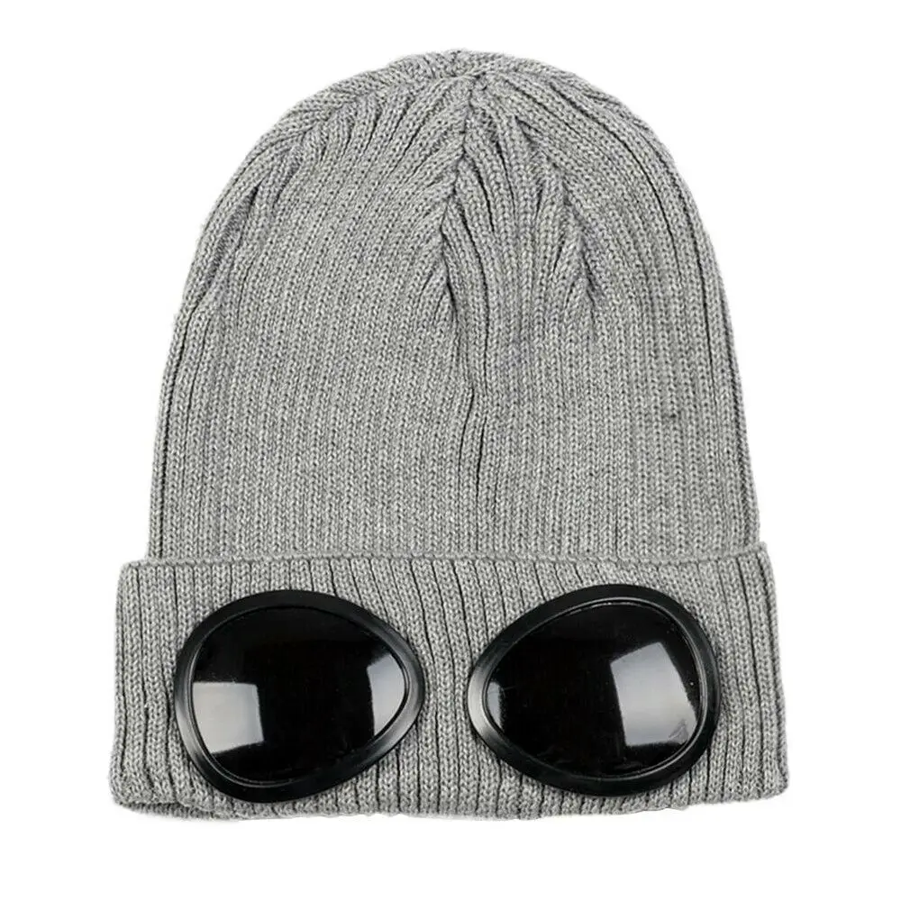 Серый Новинка, популярные Лыжные шапки Skullies, шапка со съемными очками для мужчин и женщин, зимняя вязаная шапка - Цвет: Серый