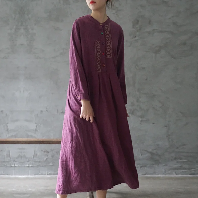 Purple SCUWLINEN женское осеннее платье винтажный изысканный воротник-стойка с вышивкой длинный рукав свободная рубашка трапециевидного силуэта льняные платья P145 - Цвет: Purple