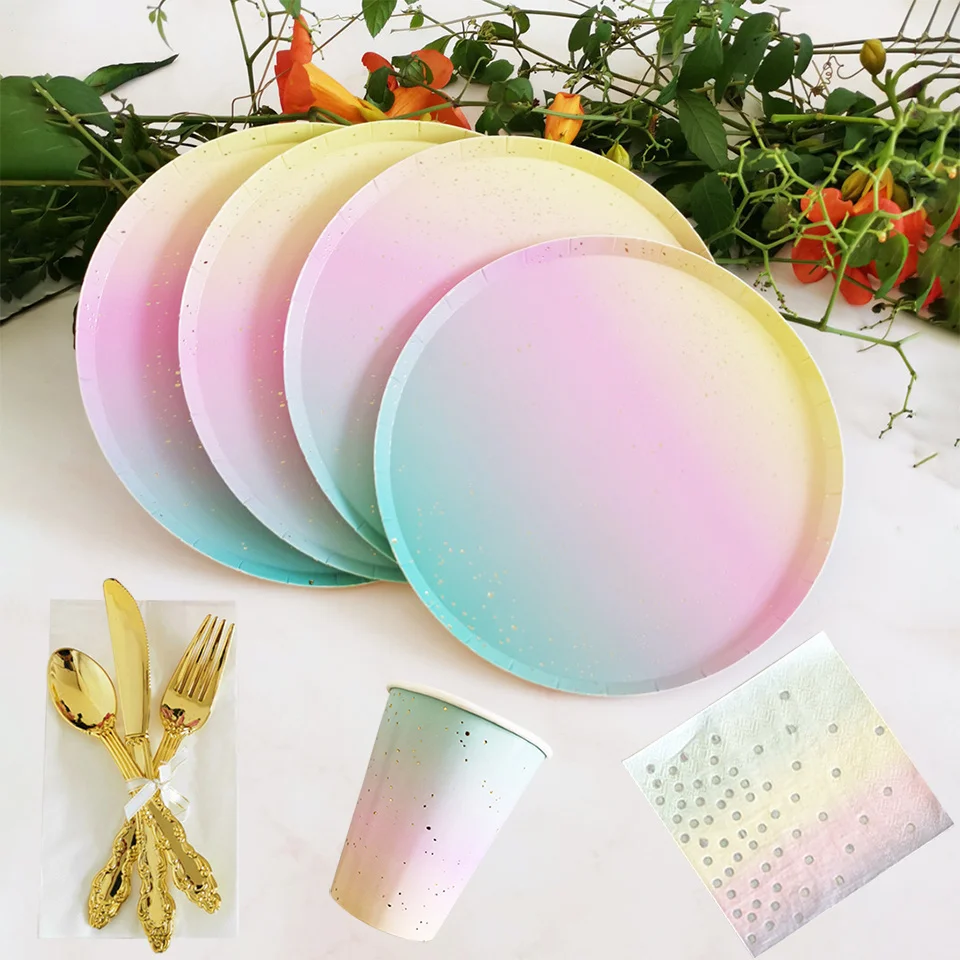 1set Disposable Tableware Rainbow Color Round Flat Paper Cup Paper Towel Party Supplies Birthday Wedding Party Decoration