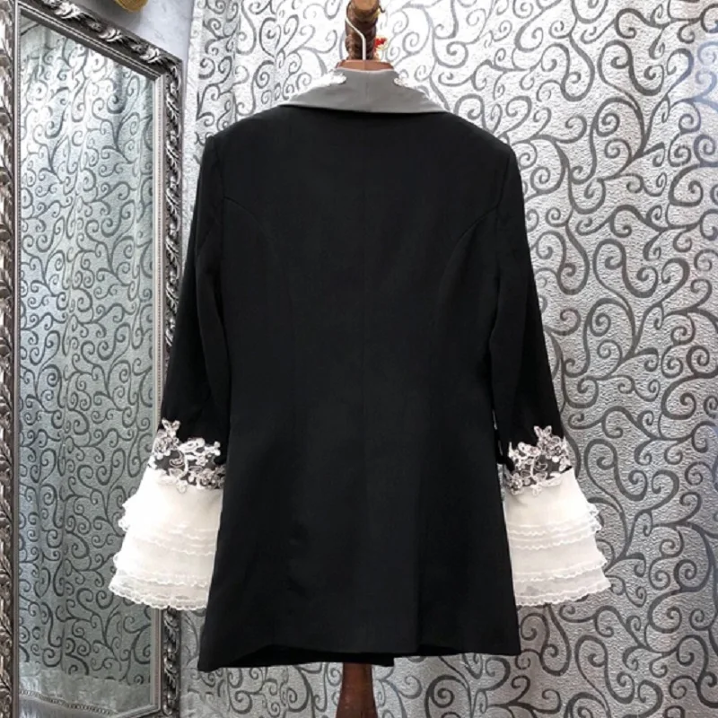 Top Quality New Blazer Jacket 2020 Autumn Designer Coats Women Notched Collar Lace Embroidery Beading Long Sleeve Black Coats