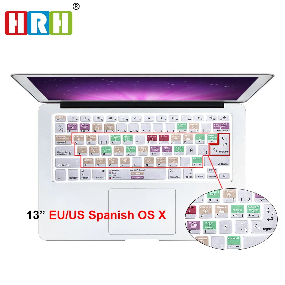 

HRH For Mac OS X Spanish Shortcut Hotkey Silicone Keyboard Skin Cover For Macbook Pro Air Retina 13 15 17 US/EU All Before 2016