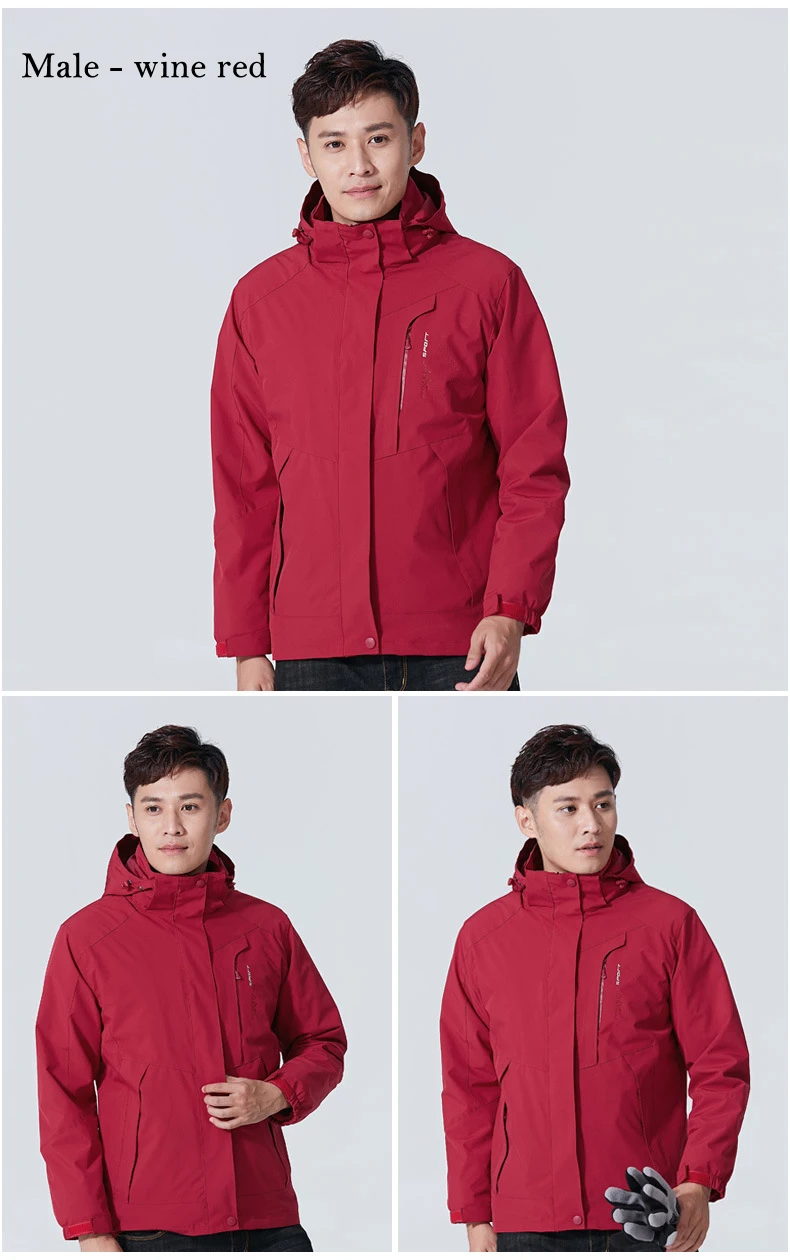 Men-Wine red 3 In 1 Outdoor Hiking Jacket Women Men Camping Tourism Trekking Climbing Waterproof Outdoor Jackets Female Spring Sports Jackets - Цвет: Men-Wine red