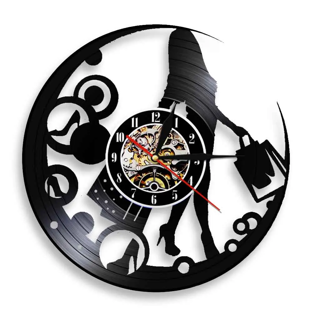 Shopaholic Lady Vinyl Clocks Girl Young Woman Shopping Bags Record Wall Clock Fashion Led Light Watch Room Decor | Дом и сад