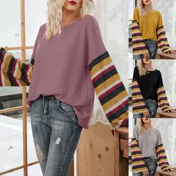 

Womens Autumn Flare Long Sleeves Sweater O-Neck Color Block Striped Patchwork Loose Tops Waffle Knitted Pullover Jumpers