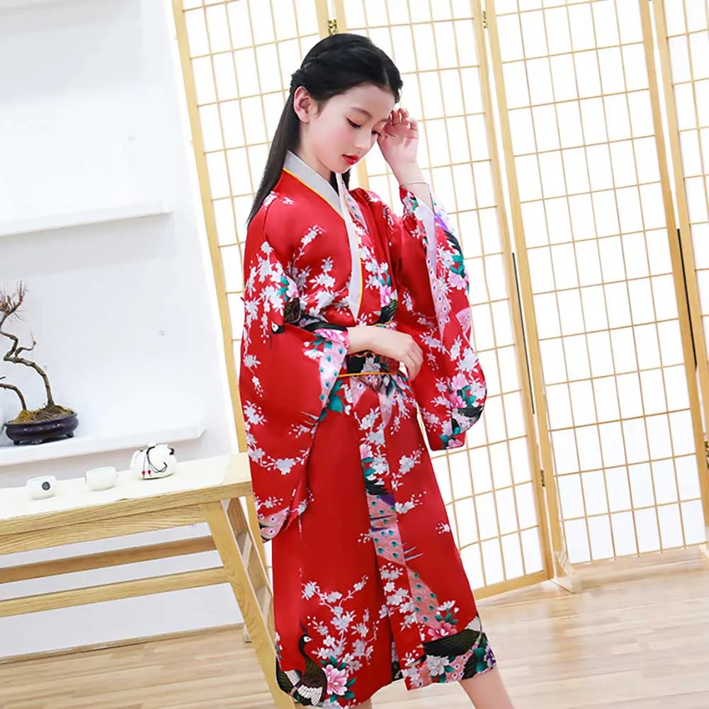 Детский японский костюм гейши для девочек, роскошное кимоно юката с поясом Obi, вечерние костюмы для выступлений, нарядное платье на Хэллоуин