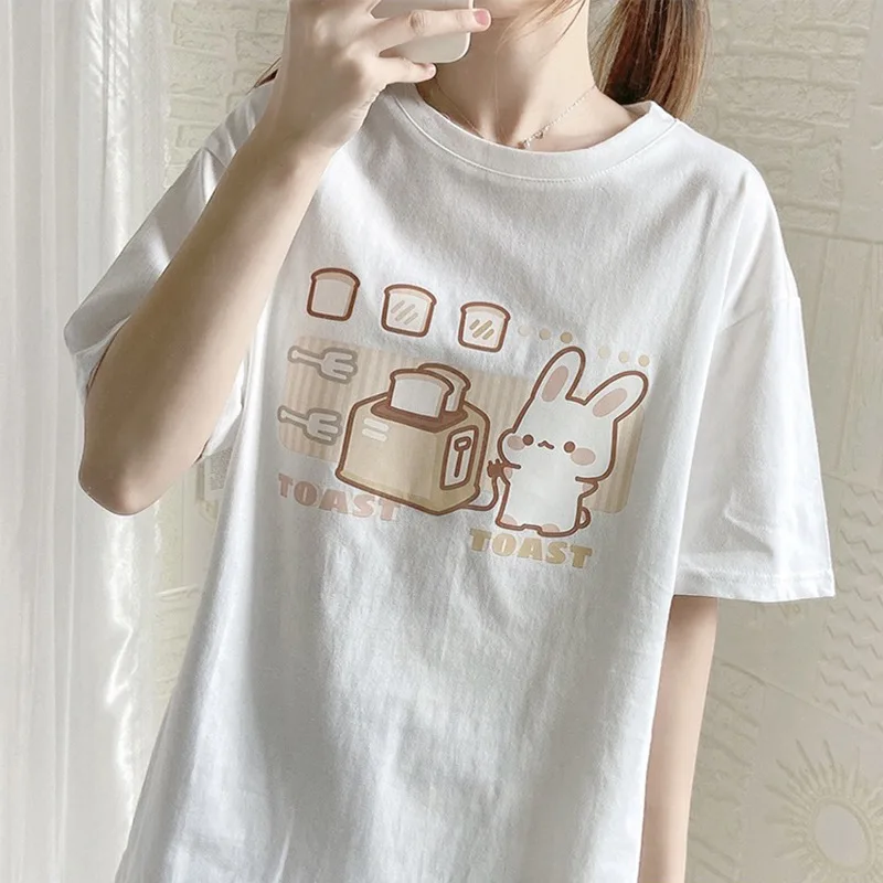 Cotton Short Sleeve T Shirt for Women Cute Bunny and Bread Slices ...