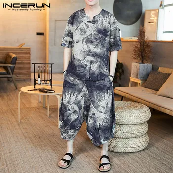 

INCERUN Chinese Style Printed Men Sets Short Sleeve V Neck Ethnic Shirt Elastic Waist Casual Pants Streetwear Men Sets 2 Pieces