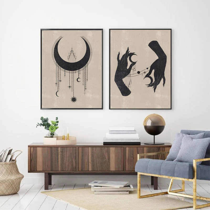 

Celestial Canvas Painting Wall Pictures Abstract Minimalist Moon Phases Witchy Art Prints Living Room Gallery Boho Decor