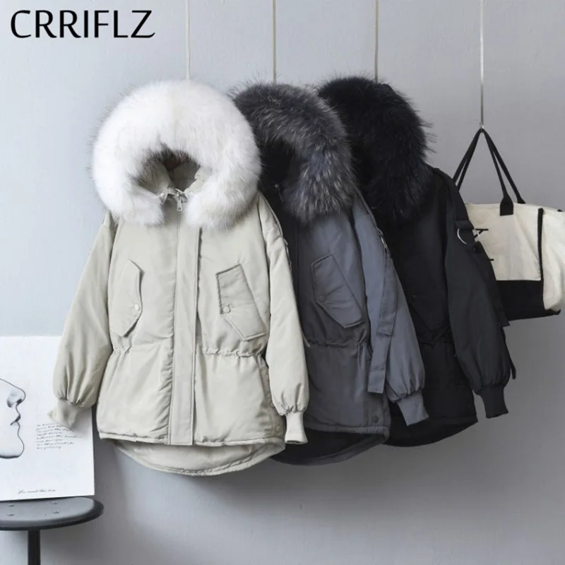 

New Raccoon Fur Collar Medium Long Winter White Duck Down Jacket Women Solid Elegant Hooded Down Coats Warm Thicken Parka