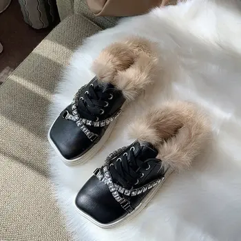 

2020 winter new thick-soled semi-drag cotton shoes with front lace rhinestones and fluffy casual all-match flat shoes