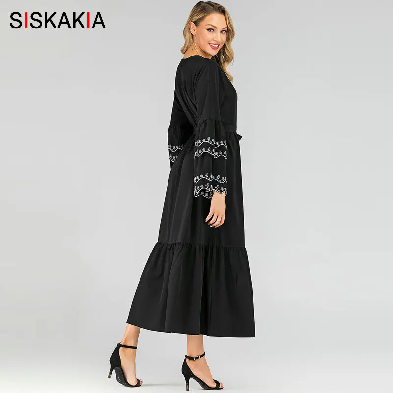 Siskakia Макси длинное платье Черное короткое элегантное с цветочной вышивкой мусульманские платья лепесток с длинным рукавом О-образным вырезом размера плюс женская одежда