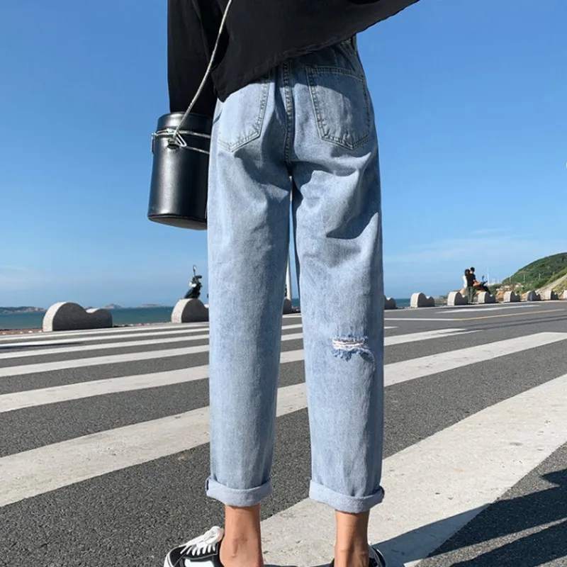 Прямые джинсы женские повседневные корейские женские джинсы эластичные джинсы с высокой талией весенне-осенние рваные в стиле бойфренд женские джинсы
