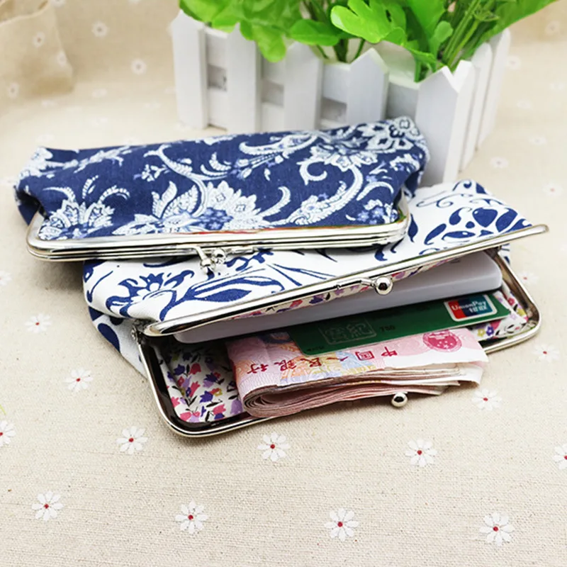 Ougger Long Coin Pouch Small Wallet Printing Canvas Portable National Fashionable Ladies' Clutch Bag Coin Purse with Hasp