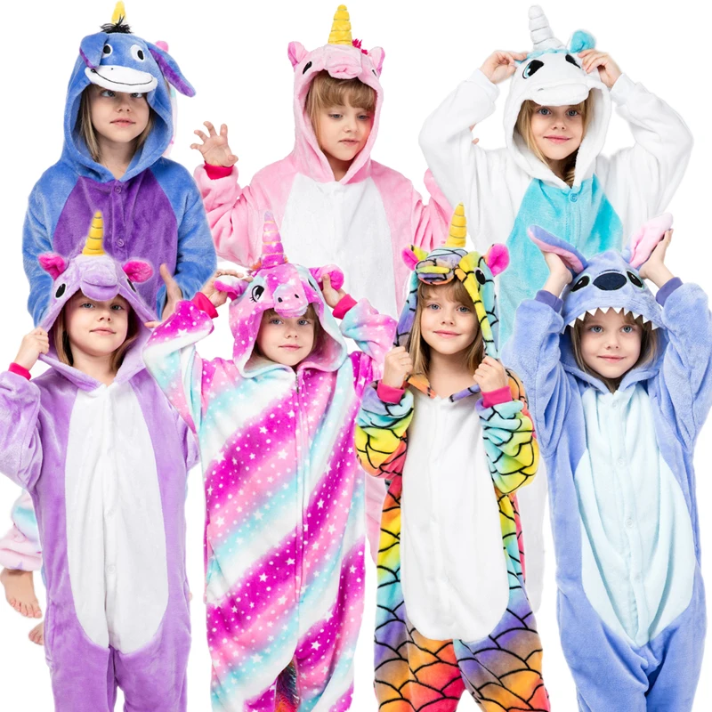 

Kigurumi Children's Sleepwear for Boys Girls Unicorn Pajamas Flannel Kids Stich Unicornio Pijamas Set Animal Winter Onesies