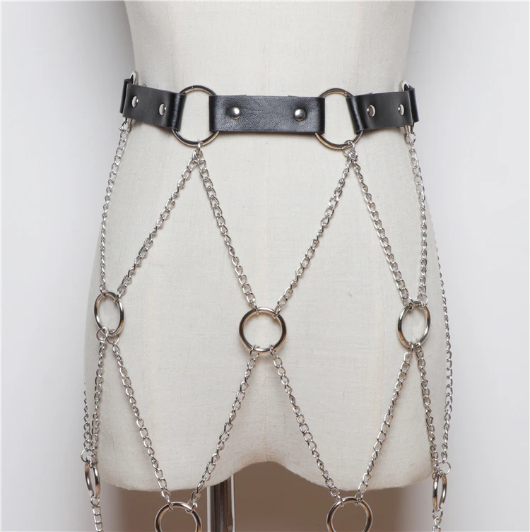 

Punk PU Waist Belt Women Patchwork Net Metal Alloy Chain Leather Corset Belt Street Female Mulit-Layer Tassel Belts For Dress