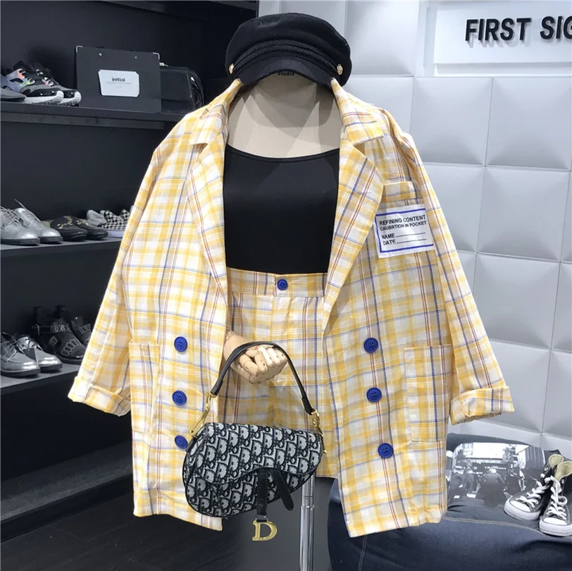 

Taotrees Spring Autumn Elegant Plaid Print Blazer + High Waist Shorts Suits Office Ladies Jacket + Shorts Pant Sets 2 pcs Suits