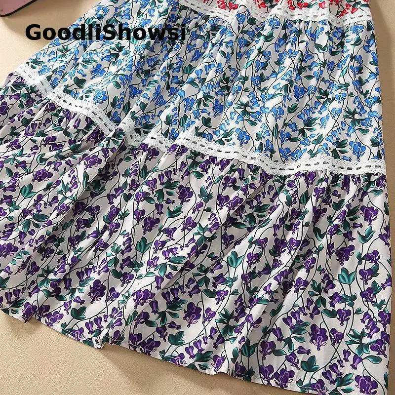 GoodliShowsi, весна, новое пасторальное платье с цветочным рисунком, кружевное лоскутное длинное платье с круглым вырезом, изящные женские свободные платья