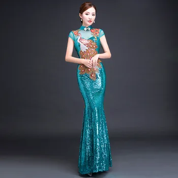 

Bling Sequins Phoenix Female Cheongsam Sexy Long Slim Mermaid Qipao Elegant Evening Party Gown Exquisite Vestidos De Festa