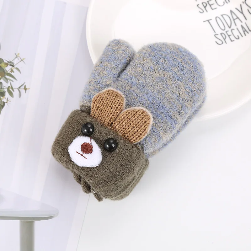 Детские перчатки с милым медведем из мультфильма, зимняя вязаная шерстяная одежда, варежки для новорожденных, утепленные бархатом, для детей 0-3 лет, GAG06 - Цвет: gray