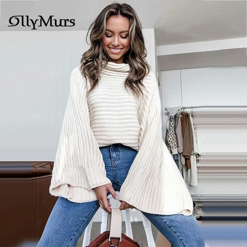 

Flare Sleeve Autumn Pullovers KM014 Winter Turtleneck Sweaters Knitting Pullovers Loose Ribbed Chic Ladies Jumpers Winter 2020