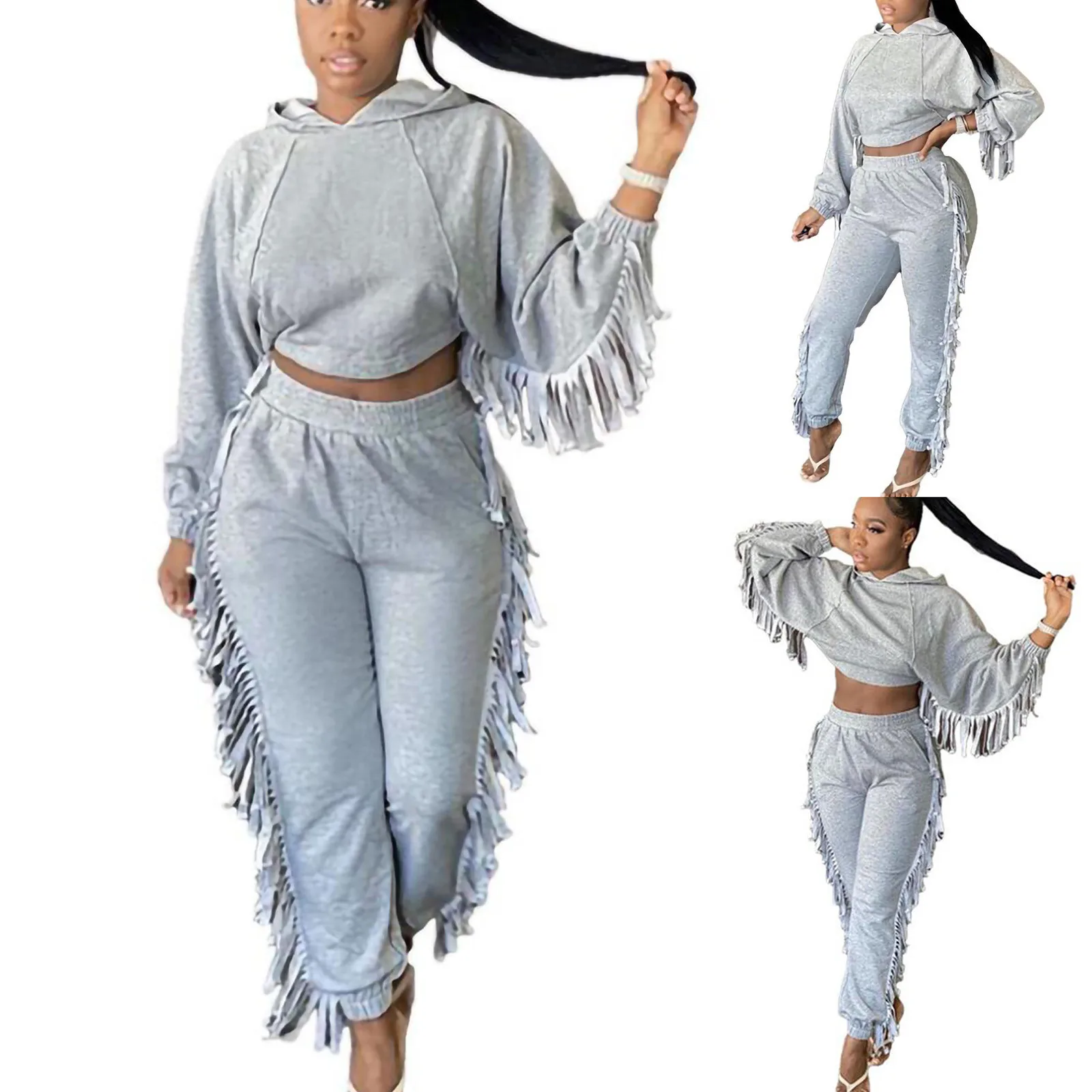Women Two Piece Tassels Suits Long Sleeve Hoodies Top Casual Pants Set Autumn Winter Tracksuit Hoodied Trousers Suits#G30 1