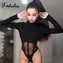 Fitshinling Mesh Patchwork Bodysuit Women Turtleneck Long Sleeve Spring Body Mujer Jumpsuit Fitness Casual Hollow Out Bodysuits