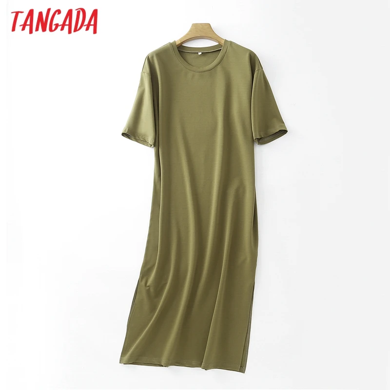 Tangada 2021 Women Elegant 95% Cotton Sweatshirt Dress Oversized Short Sleeve Side Open Ladies Midi Dress 6L60