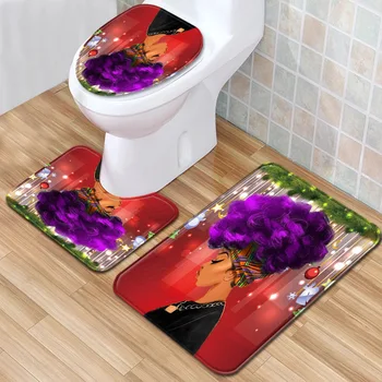 

Festive Christmas Shower Curtain (Optional) African Women Bath Mat 3 Piece Toilet Mat Non Slip Carpet Bathroom Rugs Set Red