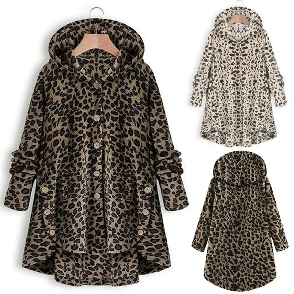 Женское леопардовое теплое пальто из флиса с асимметричным подолом и капюшоном, пуловер на пуговицах, винтажная одежда, свободная для женщин, зимняя уличная одежда