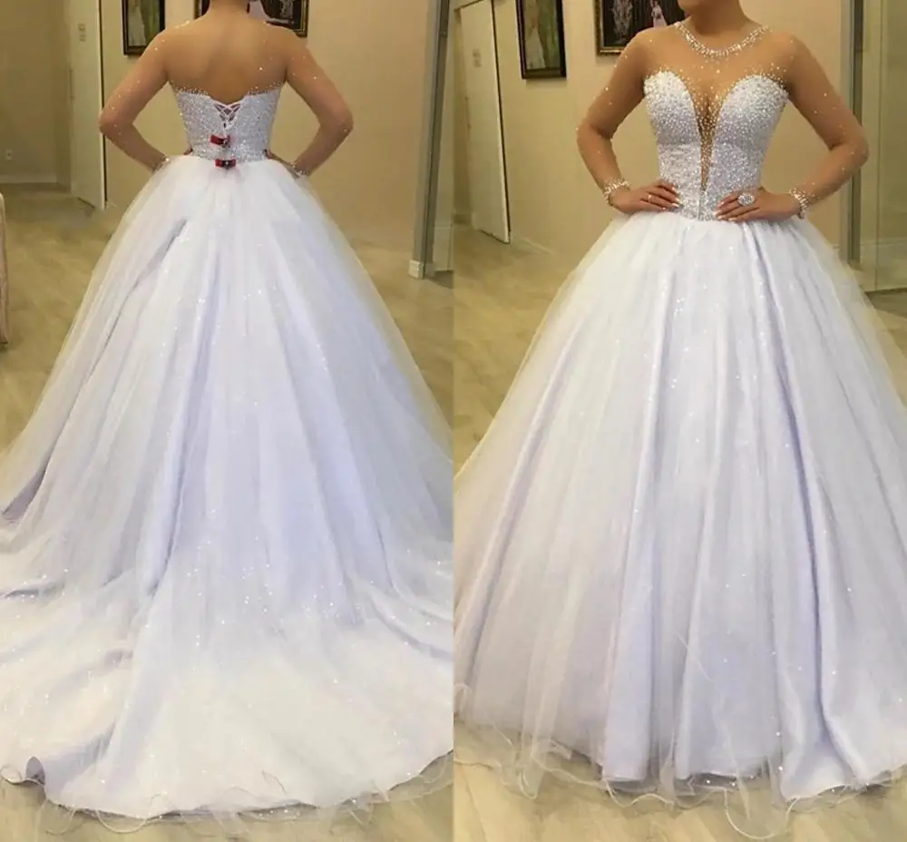 

Shinny A-Line Scoop Sheer Neck Sequins Wedding Dresses Backless Beading Long Illusion Sleeves Bridal Gowns vestidos de mairage