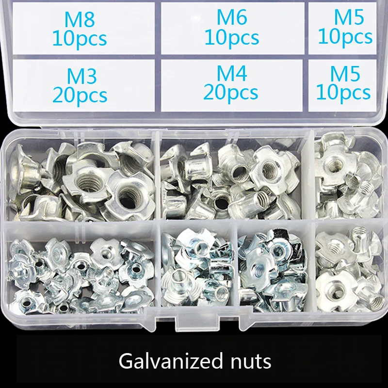 

80Pcs/set M3 M4 M5 M6 M8 Zinc Plated Four Claws Nut Speaker Nut T-nut Blind Pronged Tee Nut Furniture Assortment Kit