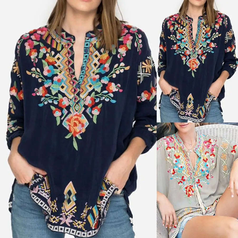 

Fashion Women Boho V Neck Long Sleeve Floral Embroidery Button Plus Size Shirt Top Female Clothes Plus Size
