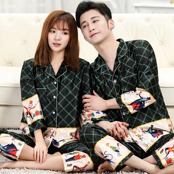 

Pijama Mujer Couple Ice Silk Pajamas Women Summer Pajamas Men XL Korean Silk Thin Section Long Sleeve Plaid Print Home Clothes