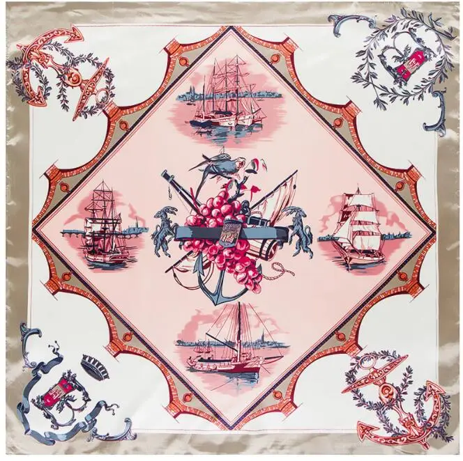 90*90cm Luxury Brand Women Silk Scarfs Sailing Boat Design Square Scarves Spring Summer Shawls For Ladies 6