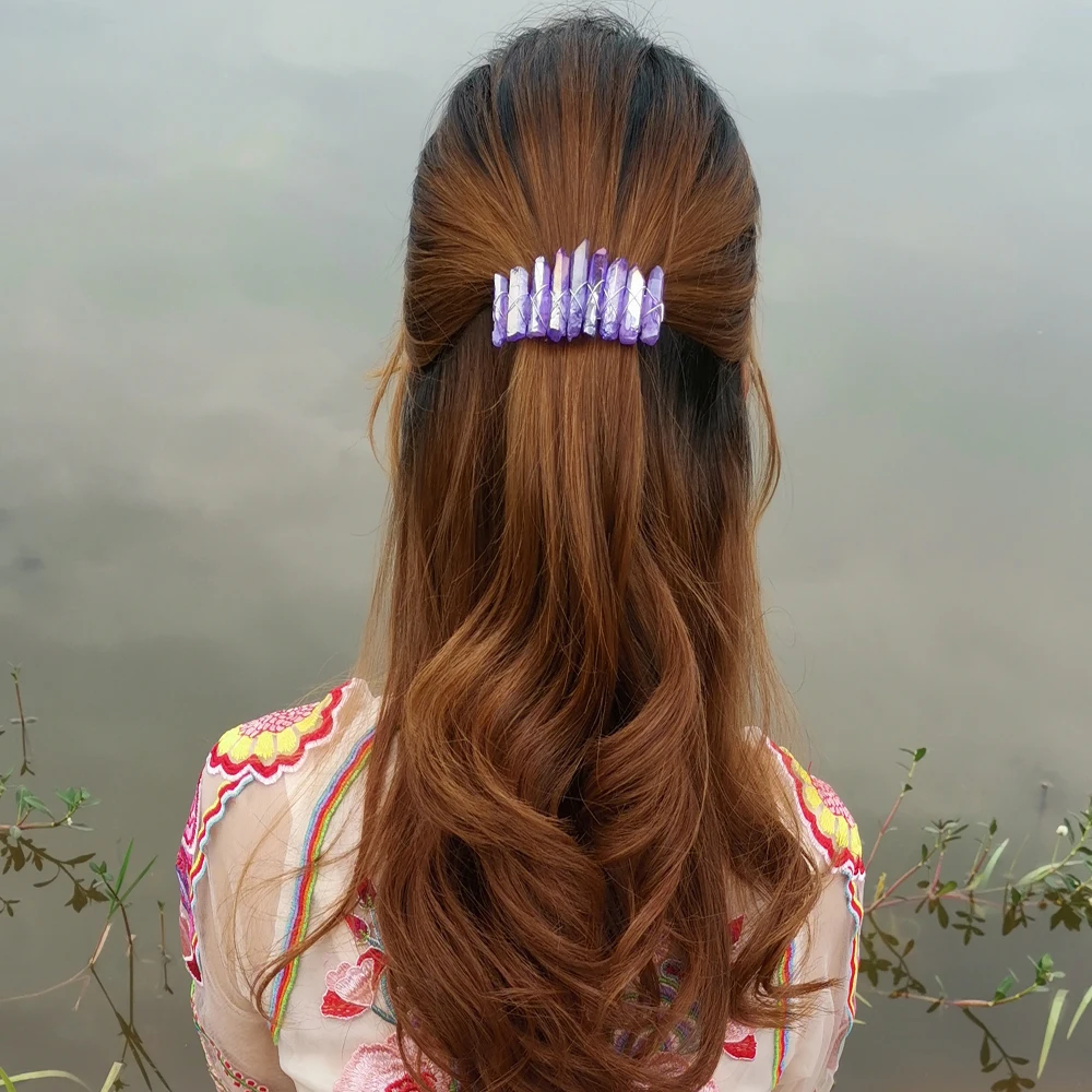 Purple-8cm Aura кварцевый кристалл Корона натуральный сырой матовый Радужный камень опал Ангел Аура золотой гребень Свадебная Принцесса аксессуары для волос - Окраска металла: Purple-8cm