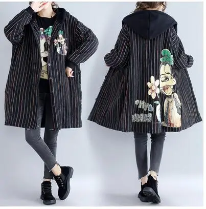 Kawaii/Хлопковые полосатые Harajuku куртка с капюшоном длинное пальто с героями мультфильмов; парка Print Для женщин для женщин; Большие размеры Верхняя одежда Пальто 4XL 5XL - Цвет: Photo Color