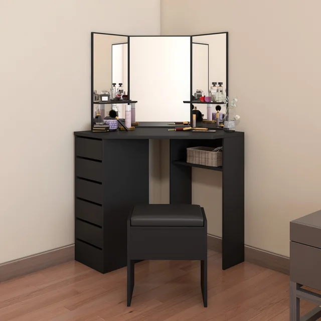 Big Promo Panana Dressing Table With Mirror Curved Pentagon Shape Modern Dresser Desk For Bedroom Jewelry Makeup Organizer White Black