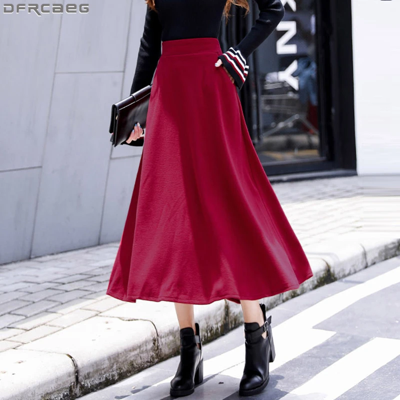 Online Falda Maxi de moda de calle talla grande Vintage Jupe Longue invierno de lana señoras faldas elásticas de cintura alta rojo verde negro