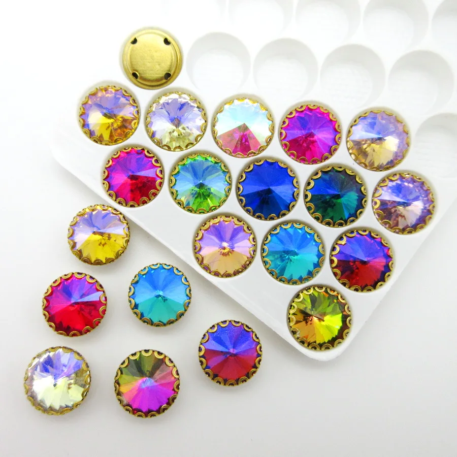 

AB colors Rivoli round shape glass crystal strass Gold base lacy claw sew on rhinestones clothing bags diy colorful decoration