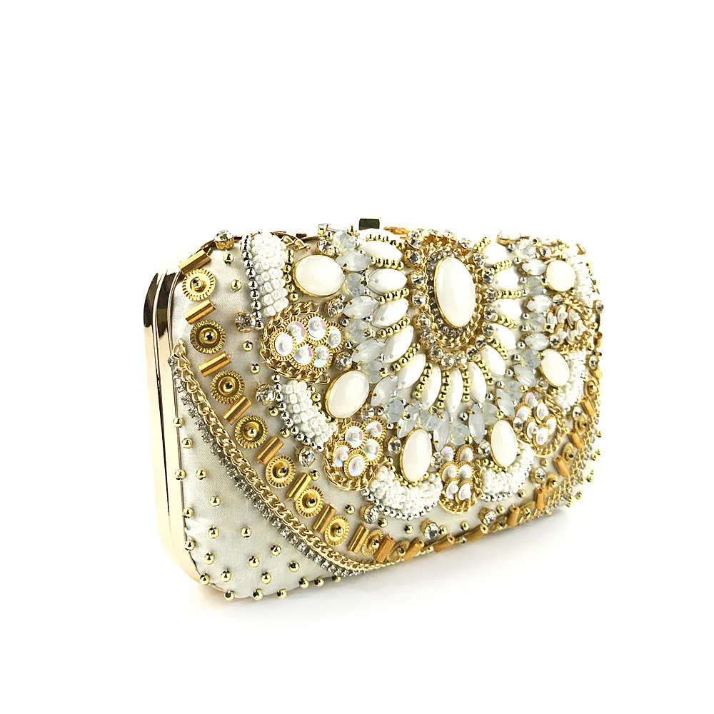 Luxy Moon Bead Embroidered Gold Satin Clutch Bag with Handle Side View