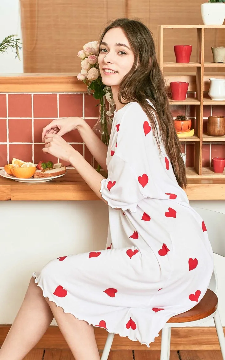 Vero Moda New Women's Heart-shaped Print Hair Band Loose fit T-shirt Homewear Dress | 319161527