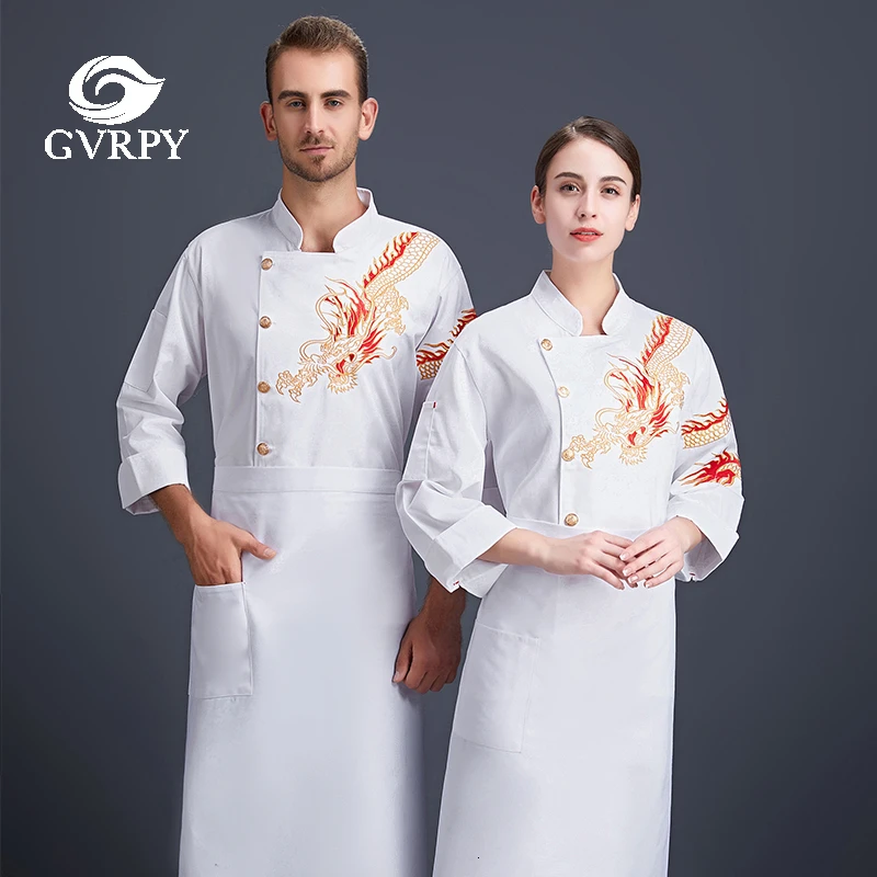 Single-breasted Dragon Print White Long Sleeve Chef Uniform Unisex High-quality Overalls Cafe Cafeteria Haird Salon Waiter Shirt |