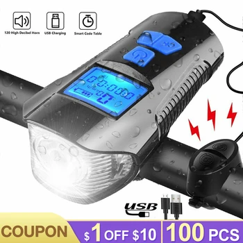 

Waterproof LED Bicycle Light+Bell USB Rechargeable Bike Front Light Flashlight Handlebar Cycling Headlight+Horn LCD Speed Meter