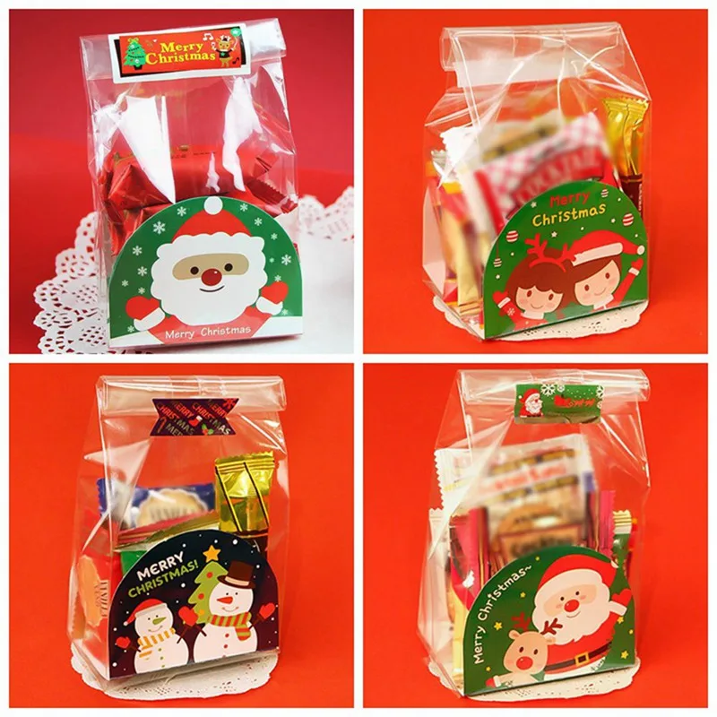 50pcs Xmas Self-adhesive Cookie Packing Plastic Bags Candy Food Cake Package Christmas Biscuit Packing Bag Gifts Bags