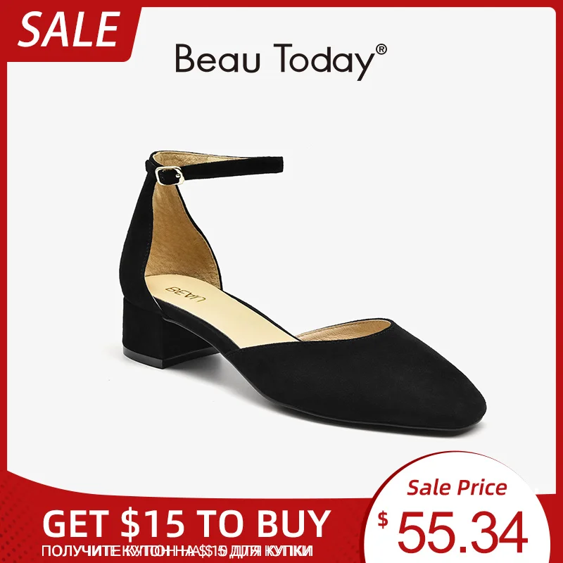 BeauToday Sandals Women Kid Suede Leather Square Toe Cover Heel Buckle Straps Ladies Summer Med Heel Shoes Handmade A31040
