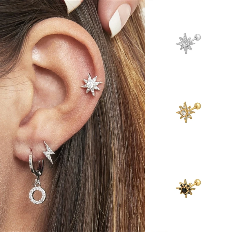 Stainless steel SINGLE silver stars earrings Cartilage Girls earrings Sky earrings Moon and star stud earrings Star wars earrings