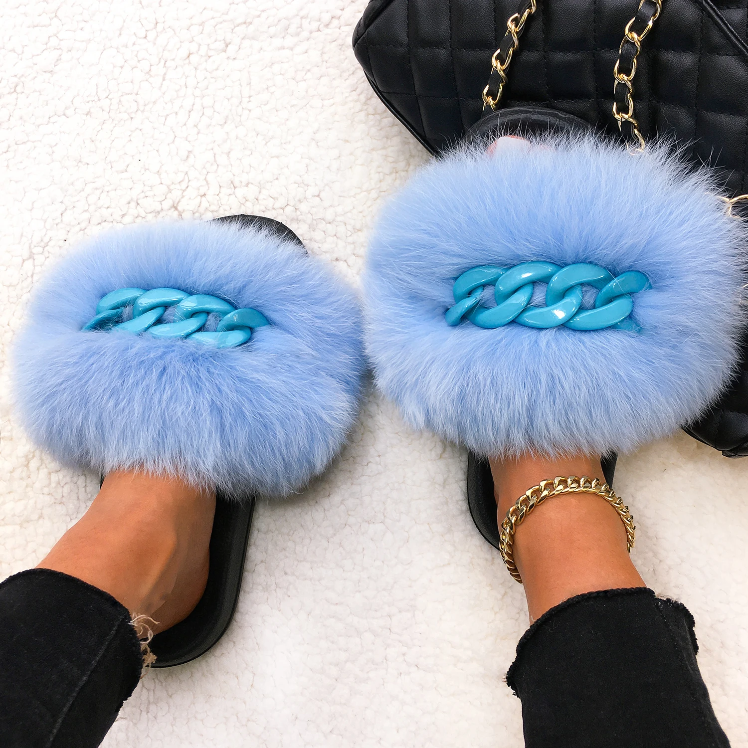 Real Fox Fur Slippers Fluffy Flip Flops Shiny Chain Plush Slippers Furry Fur Slides House Beach Flat Sandals Women Fashion Shoes